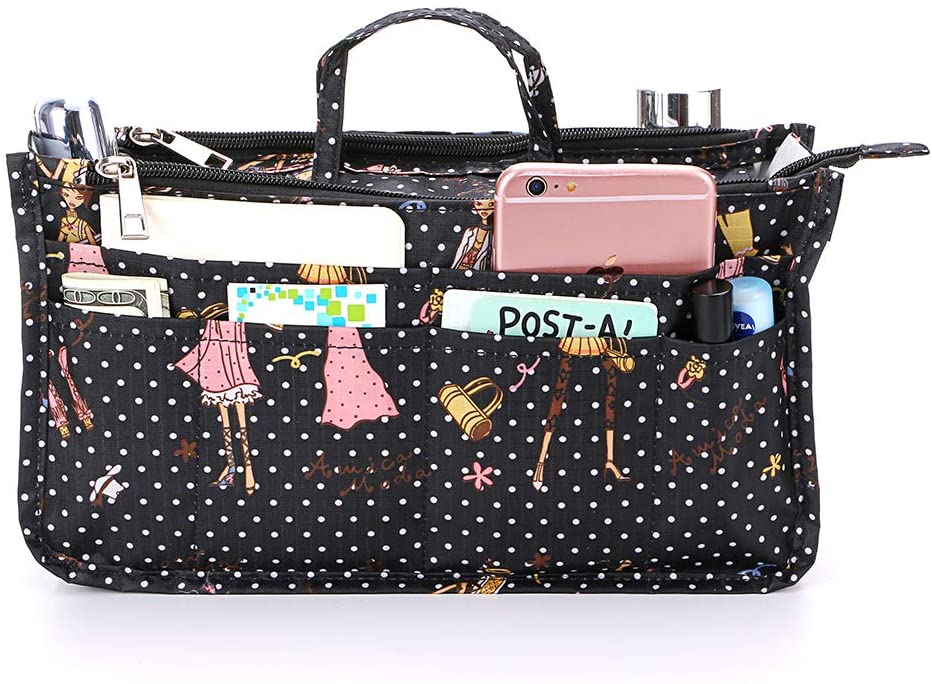BTSKY New Printing Handbag Organizers Inside Purse Insert-High Capacity 13 Pockets Bag Tote Organizer with Handle Peacock Flower