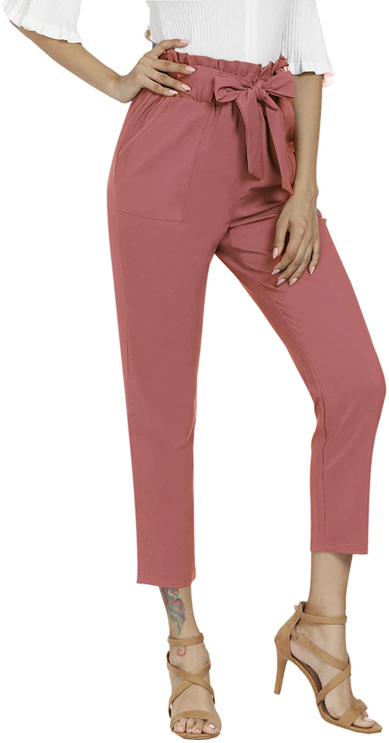 Freeprance Women's Pants Casual Trouser Paper Bag Pants Elastic Waist Slim Pockets