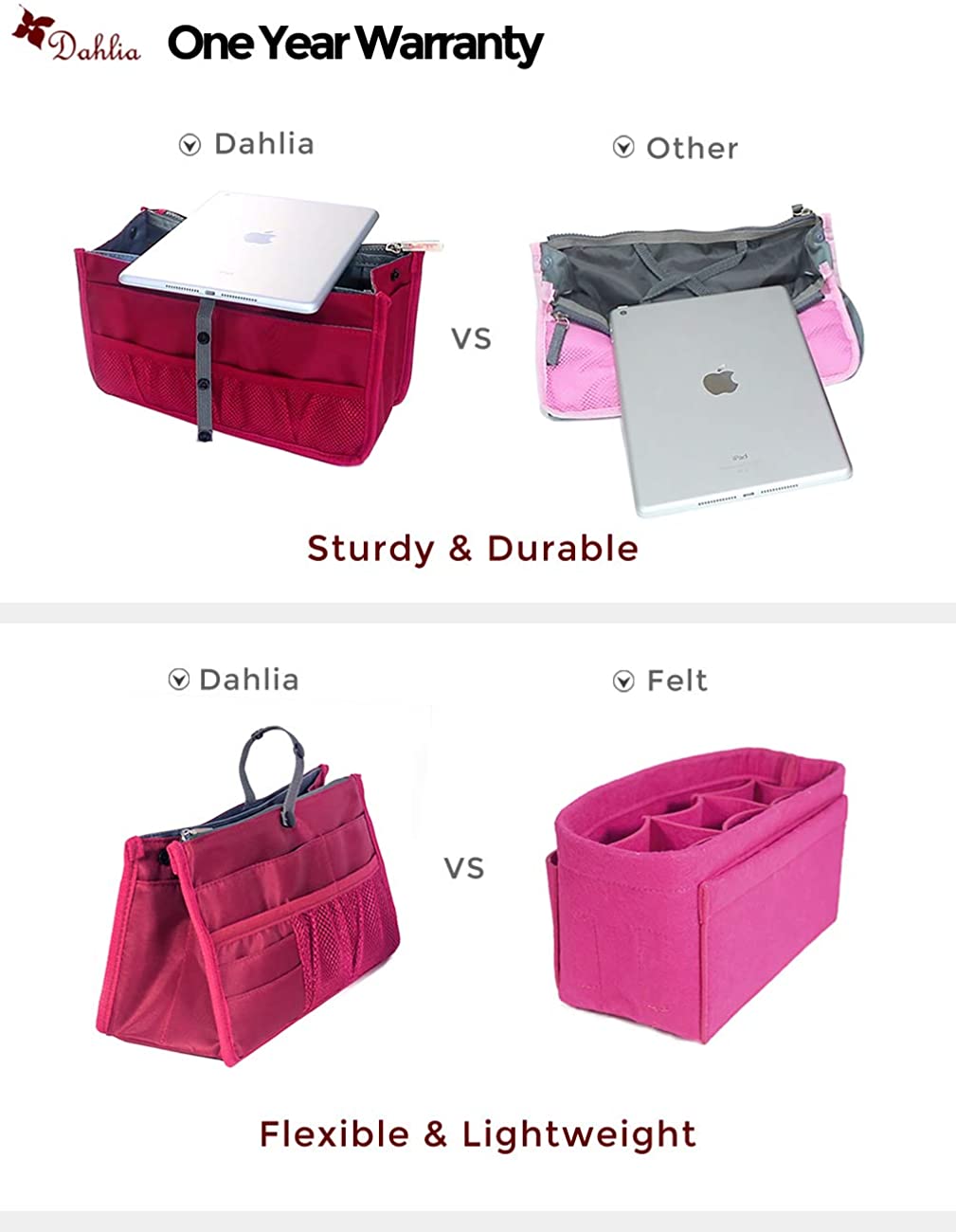 Dahlia's Patented Handbag Purse Organizer Insert - STURDY Flexible