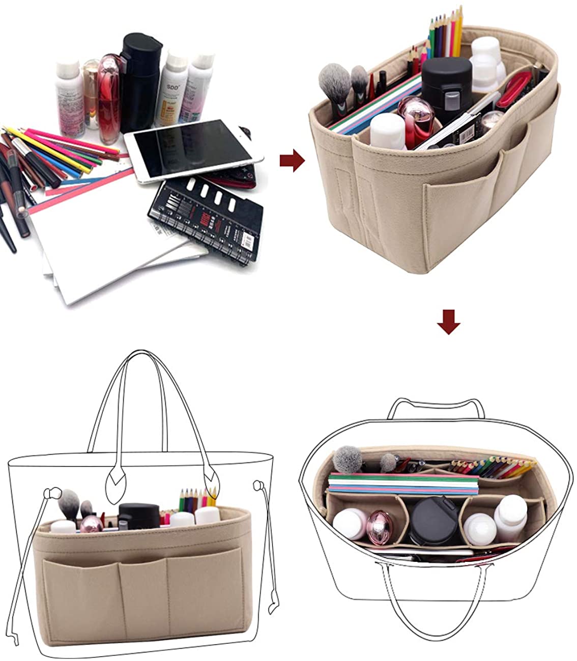 Felt Fabric Purse Tote Diaper Bag Organizer Insert Bag in Bag with Zipper Inner Pocket For Neverfull Speedy