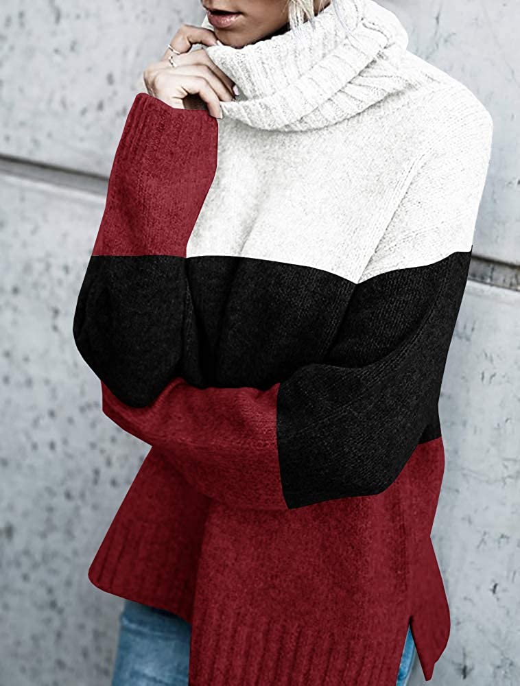 FISACE Womens Solid Round Neck Oversized Turtleneck Full Sleeve Knitted Sweater Pullover