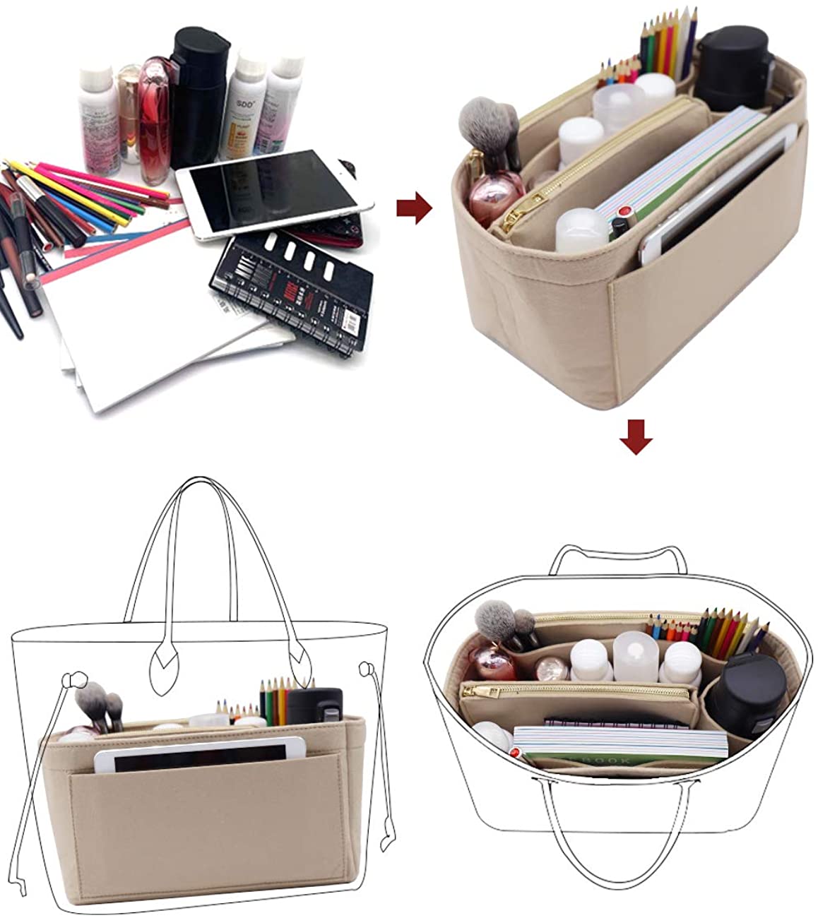 Felt Purse Bag Organizer Insert with zipper Bag Tote Shaper Fit Speedy Neverfull MM GM