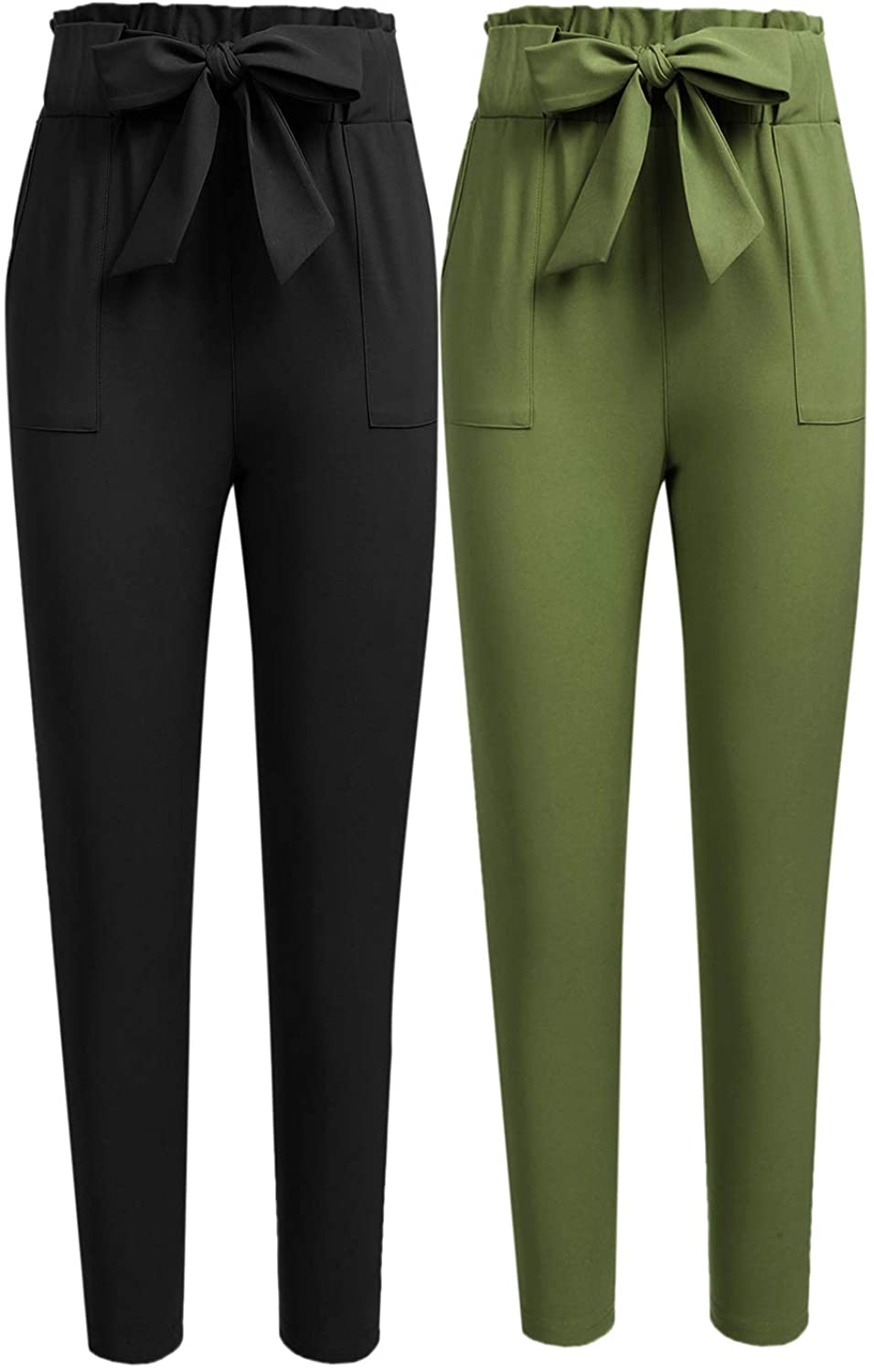 Freeprance Women's Pants Casual Trouser Paper Bag Pants Elastic Waist Slim Pockets