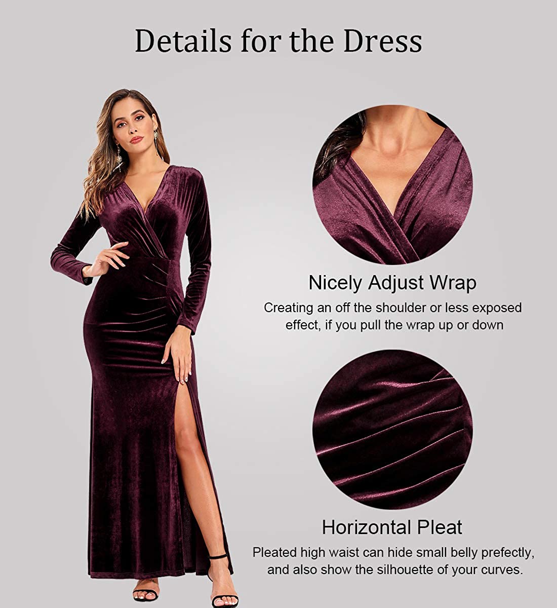 Ababalaya Long Sleeve Wrap Velvet Long Formal Dresses Cocktail Dress