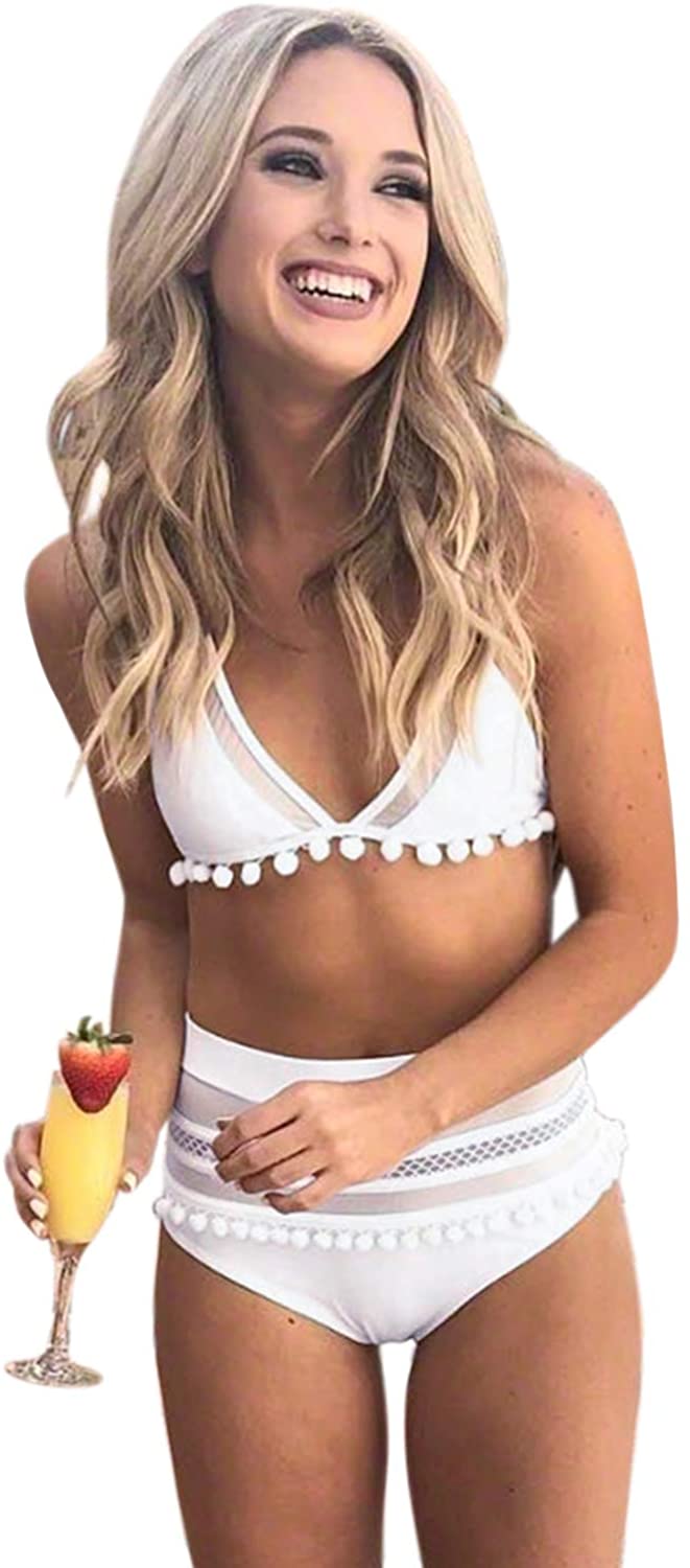 Bdcoco Women's High Waist Two Pieces Bikini Set Padded Stripe Tassel Swimsuit