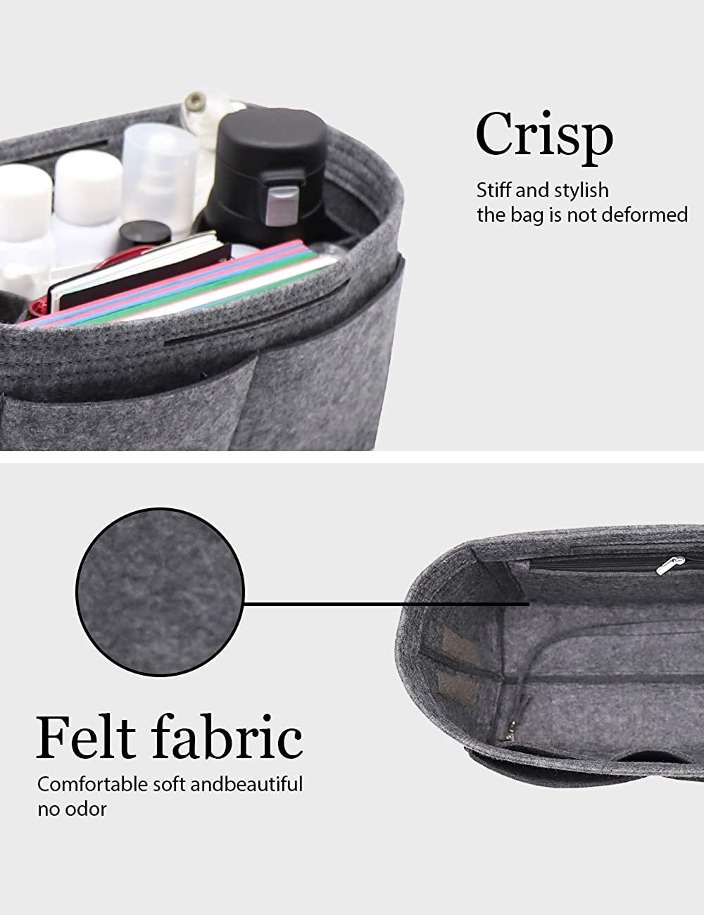 Felt Purse Organizer Insert Zipper Pocket with Two Removeable Bottle Holder