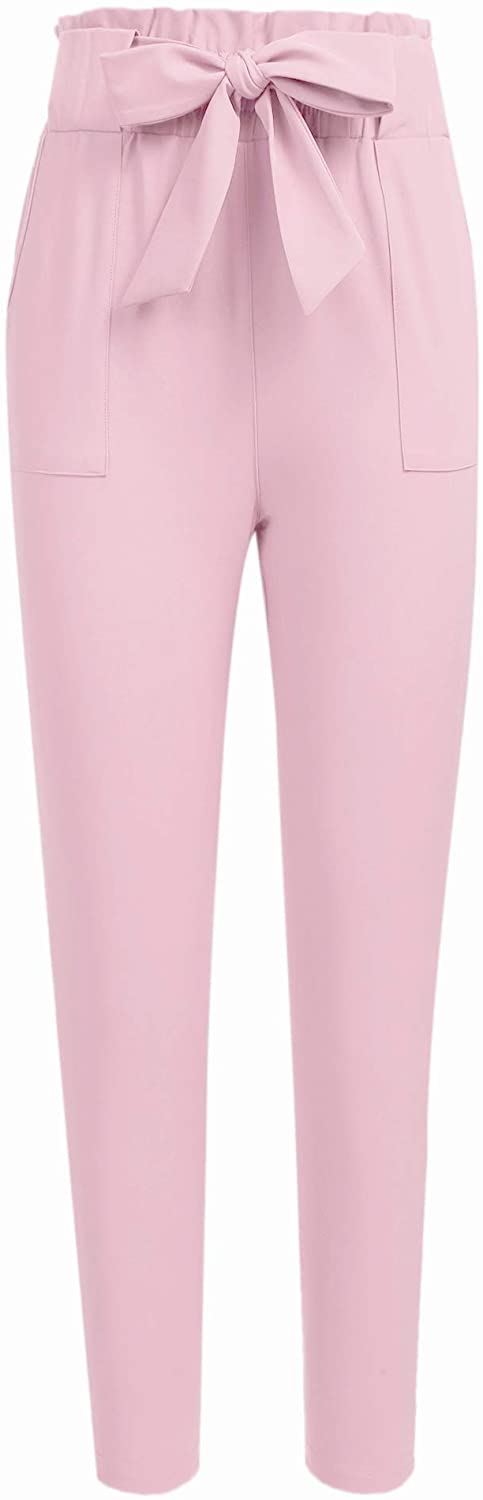 Freeprance Women's Pants Casual Trouser Paper Bag Pants Elastic Waist Slim Pockets