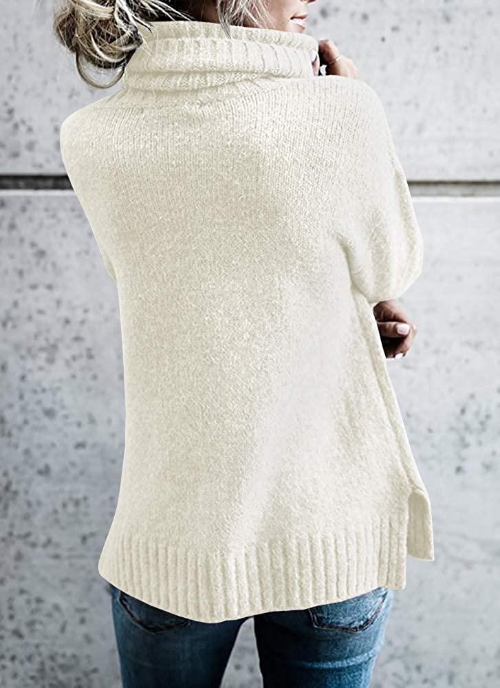 FISACE Womens Solid Round Neck Oversized Turtleneck Full Sleeve Knitted Sweater Pullover