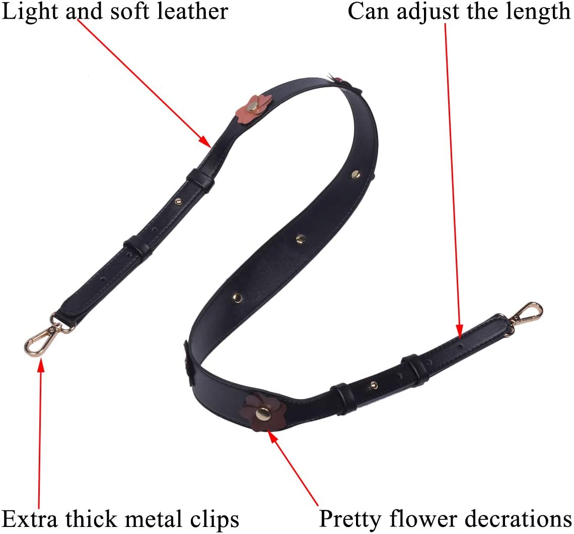 Beaulegan Wide Studded Flower Leather Purse Strap Replacement - Adjustable for Shoulder Crossbody Bag (Black/Gold Clasp)