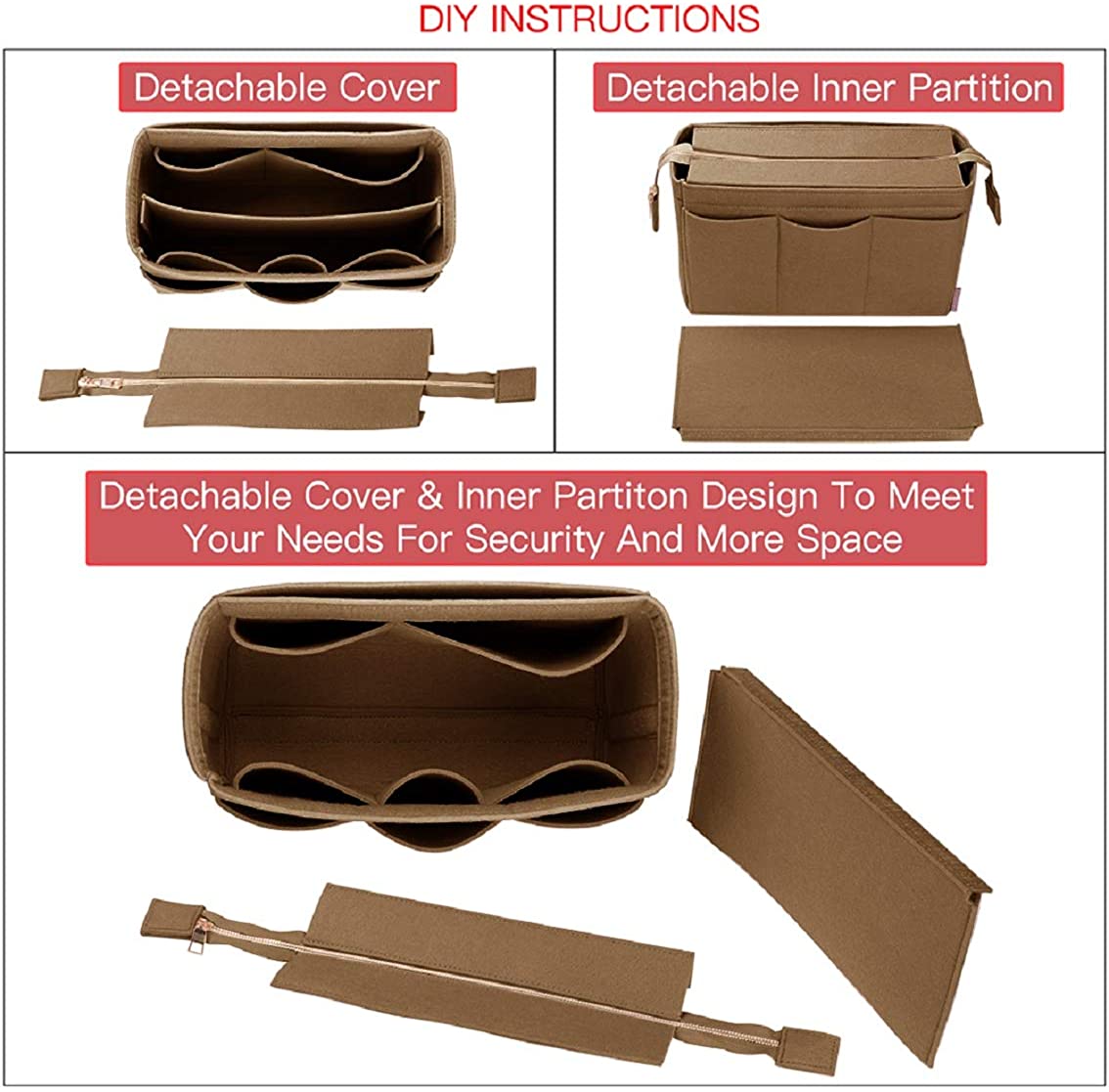 Purse Organizer Insert, Bag Organizer with NEW Detachable Zipper cover, fits Speedy Neverful, St Lious, Tote, 5 Size