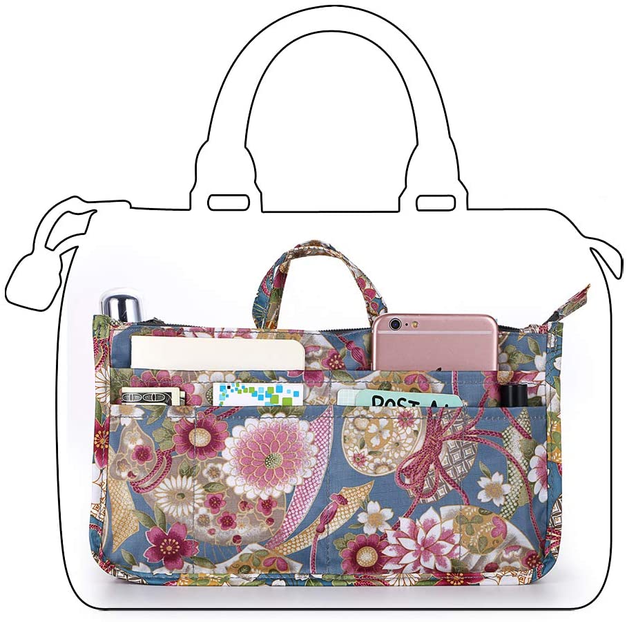 BTSKY New Printing Handbag Organizers Inside Purse Insert-High Capacity 13 Pockets Bag Tote Organizer with Handle Peacock Flower