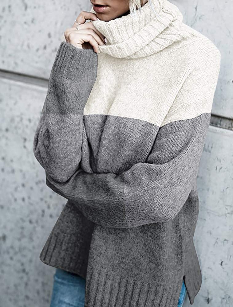 FISACE Womens Solid Round Neck Oversized Turtleneck Full Sleeve Knitted Sweater Pullover