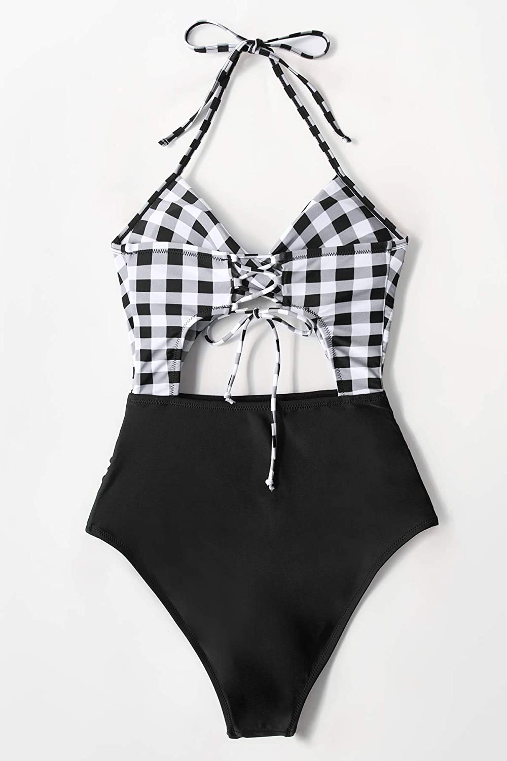 CUPSHE Women's Black Floral Print Halter Cutout High Waist One Piece Swimsuit