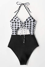 
                        
                          Load image into Gallery viewer, CUPSHE Women's Black Floral Print Halter Cutout High Waist One Piece Swimsuit
                        
                      