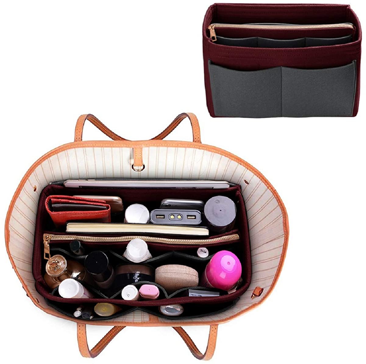 Purse Organizer Insert, Felt Bag organizer with zipper, Handbag & Tote Shaper, For Speedy Neverfull Tote, 5 Sizes
