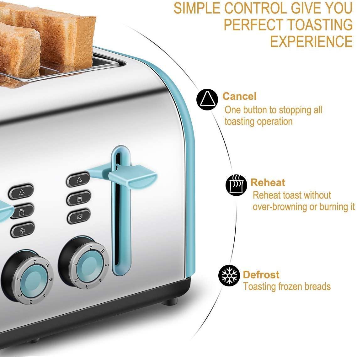 Toaster 4 Slice, CUSINAID 4 Wide Slots Stainless Steel Toasters with Reheat Defrost Cancel Function, 7-Shade Setting, Blue - JOY2ESpree