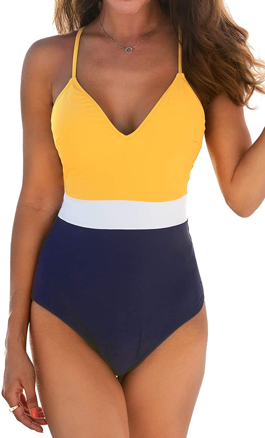 CUPSHE Women's One Piece Swimsuit V Neck Cross Back Color Block Beach Swimwear Bathing Suits