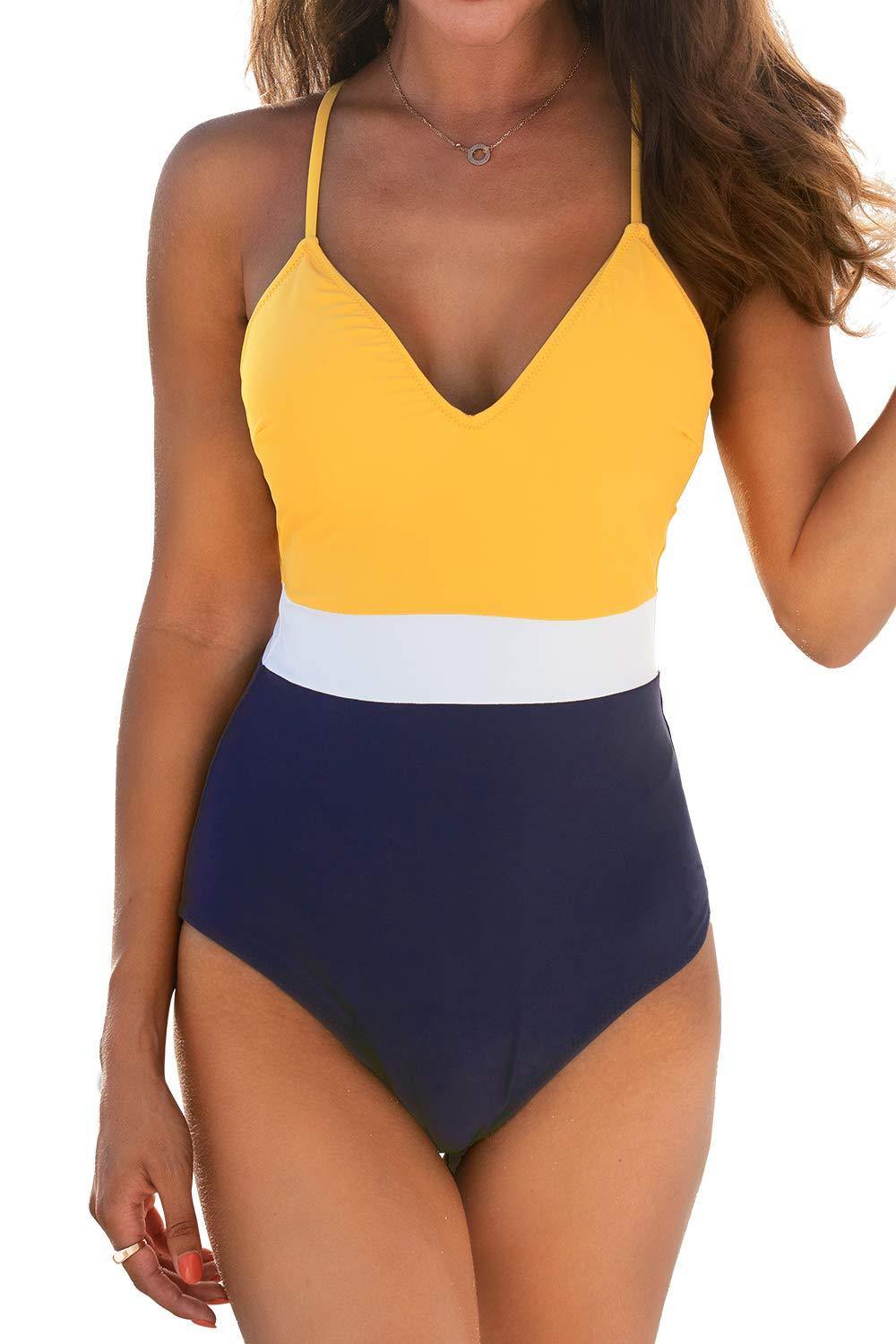CUPSHE Women's One Piece Swimsuit V Neck Cross Back Color Block Beach Swimwear Bathing Suits - JOY2ESpree
