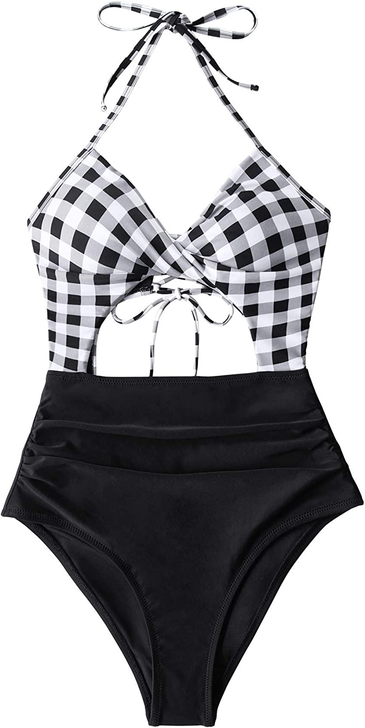 CUPSHE Women's Black Floral Print Halter Cutout High Waist One Piece Swimsuit