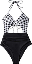 
                        
                          Load image into Gallery viewer, CUPSHE Women's Black Floral Print Halter Cutout High Waist One Piece Swimsuit
                        
                      