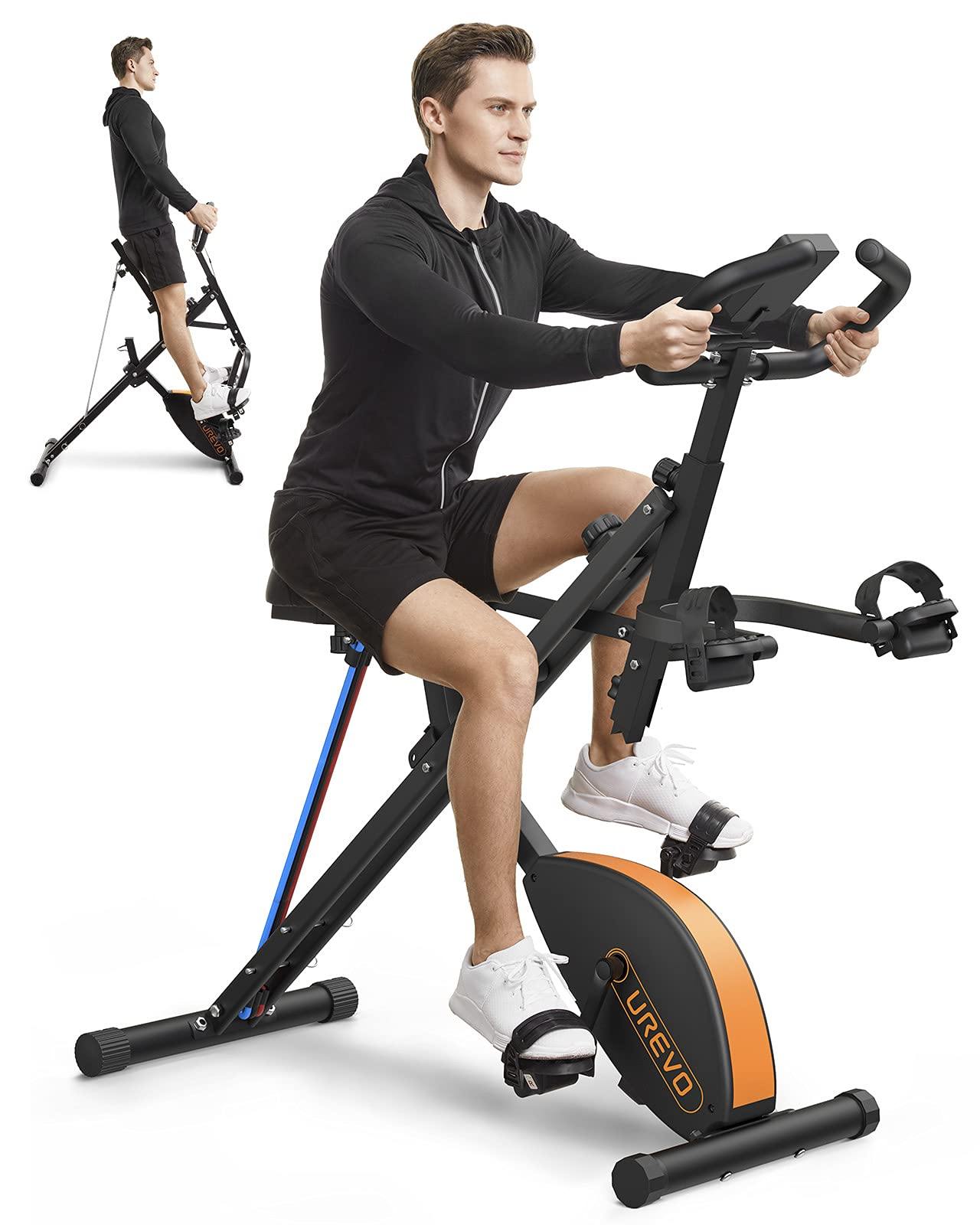 UREVO Stationary Exercise Bike Foldable 3 in 1 Magnetic Upright Bike Indoor Cycling Bike Squat Machine Row - JOY2ESpree