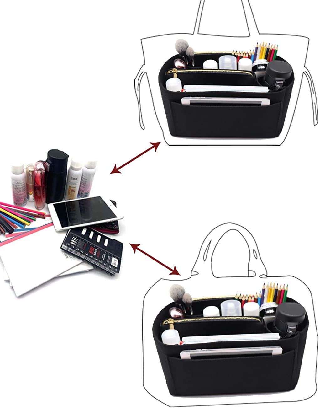 Felt Purse Bag Organizer Insert with zipper Bag Tote Shaper Fit Speedy Neverfull MM GM