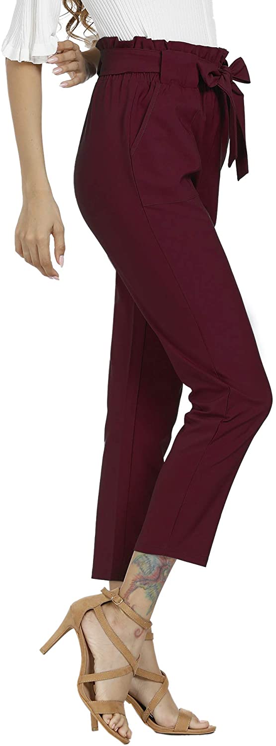 Freeprance Women's Pants Casual Trouser Paper Bag Pants Elastic Waist Slim Pockets