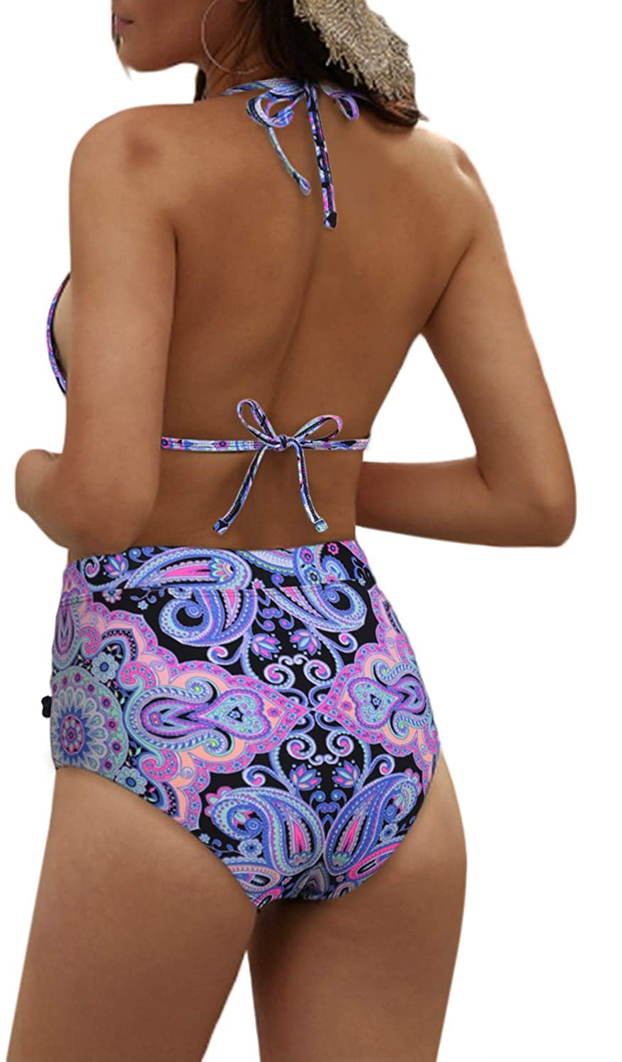 Bdcoco Women's High Waist Two Pieces Bikini Set Padded Stripe Tassel Swimsuit