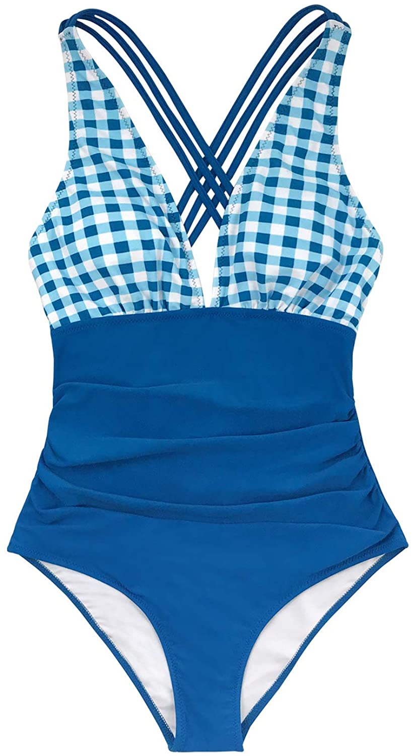 CUPSHE Women's One Piece Swimsuit V Neck Tummy Control Cross Back Vintage Swimwear Bathing Suits