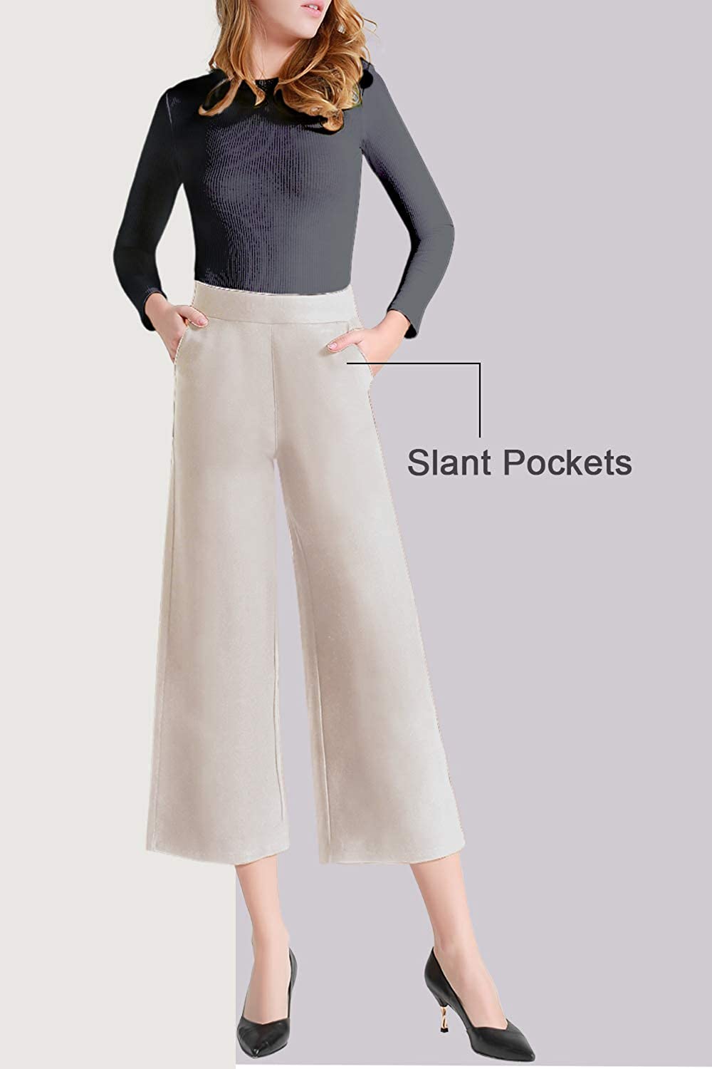Tsful High Waisted Wide Leg Pants for Women Summer Business Casual Crop Dress Pants Stretch Pull On Capris