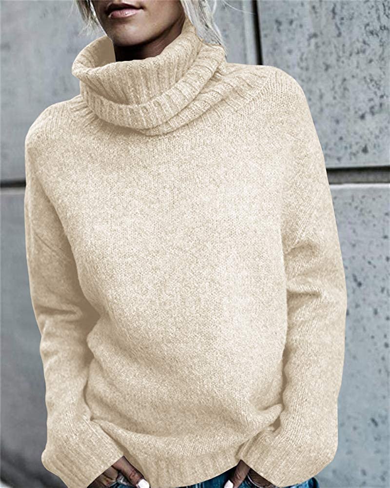 FISACE Womens Solid Round Neck Oversized Turtleneck Full Sleeve Knitted Sweater Pullover