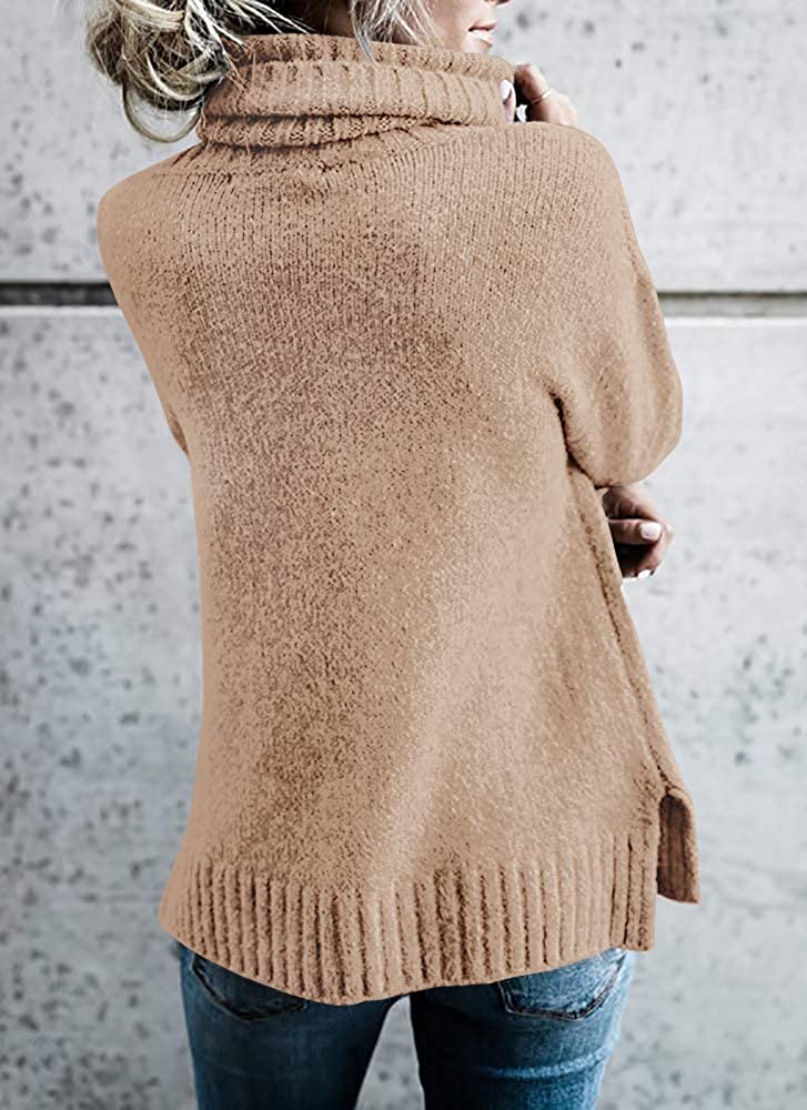 FISACE Womens Solid Round Neck Oversized Turtleneck Full Sleeve Knitted Sweater Pullover