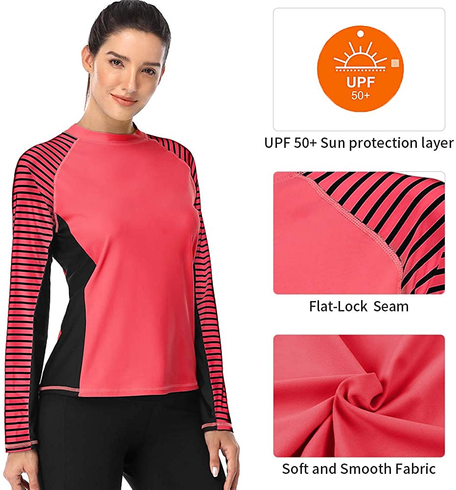 CharmLeaks Women's Long Sleeve Rashguard UPF 50 Sun Protection Swimsuit Top Striped Swim Shirts