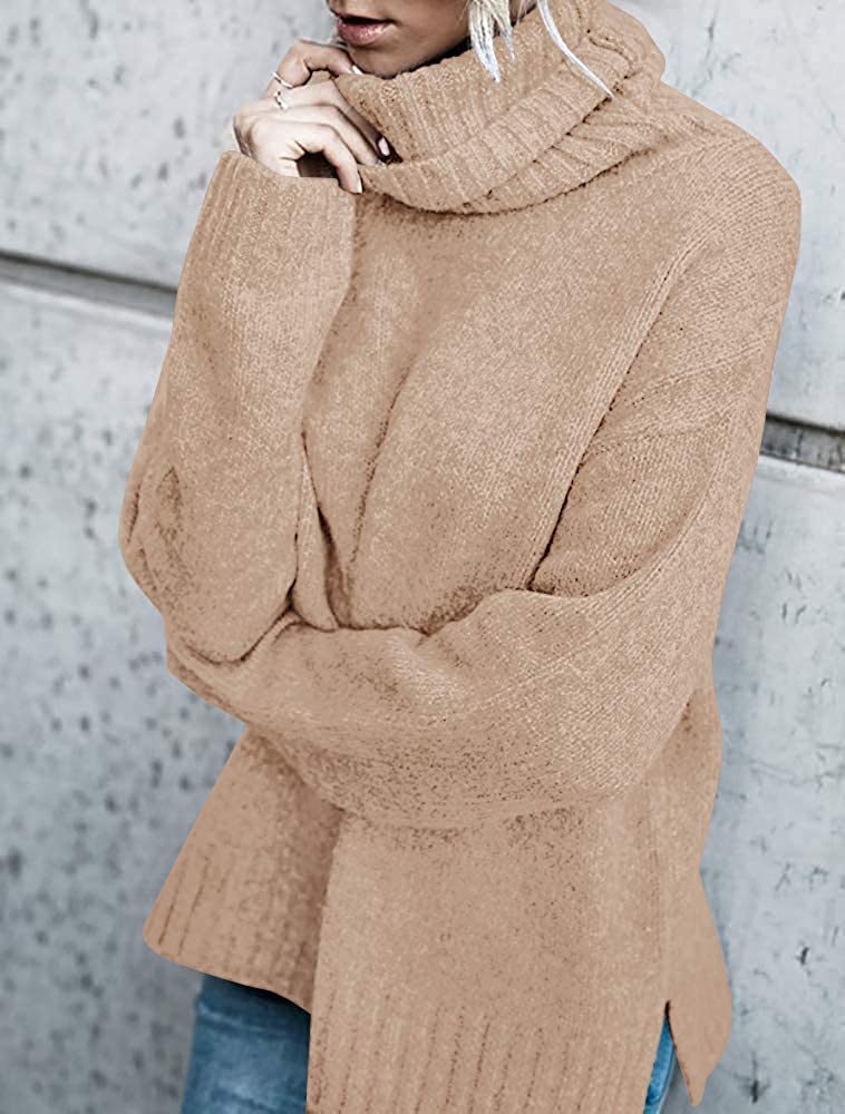 FISACE Womens Solid Round Neck Oversized Turtleneck Full Sleeve Knitted Sweater Pullover