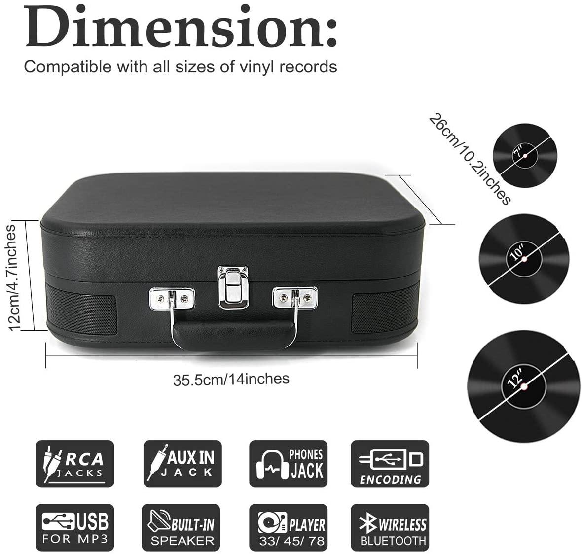 Bluetooth Record Player 3 Speed Craftmanship Turntable with Built-in Premium Speakers Support USB Playback/Recording (Black)… - JOY2ESpree