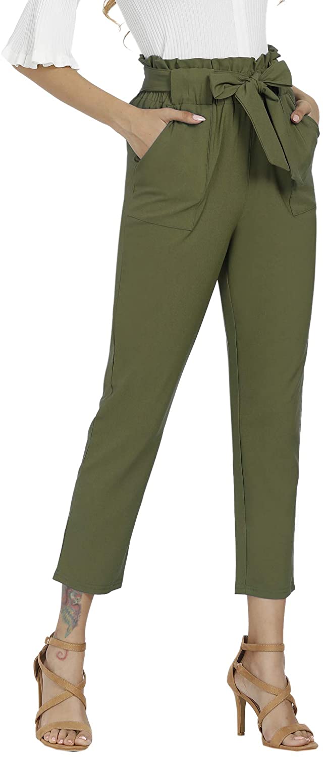 Freeprance Women's Pants Casual Trouser Paper Bag Pants Elastic Waist Slim Pockets