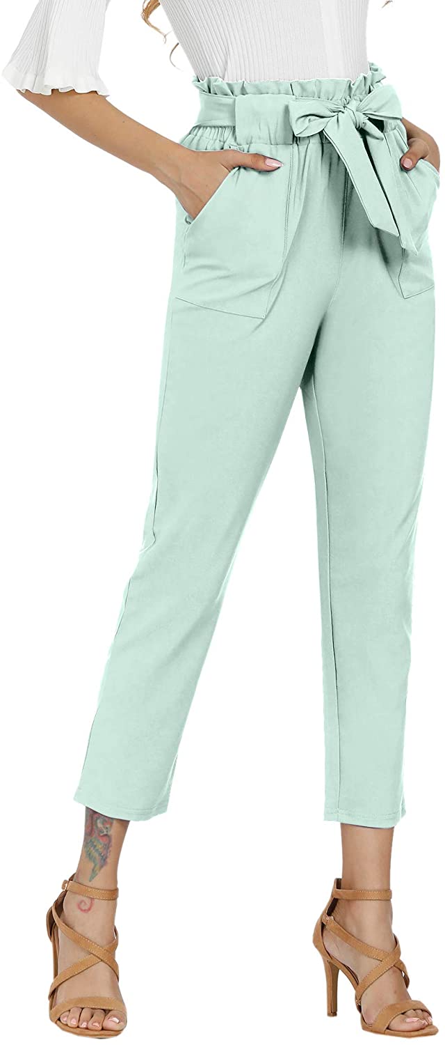 Freeprance Women's Pants Casual Trouser Paper Bag Pants Elastic Waist Slim Pockets