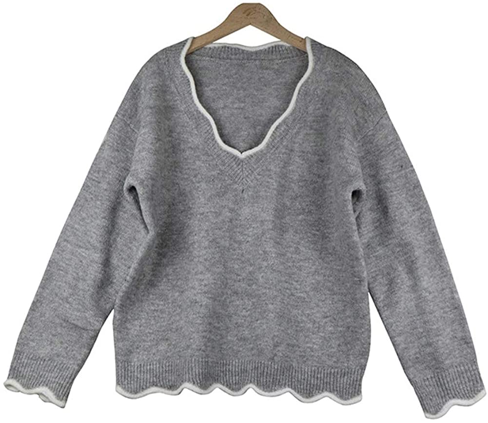 Rungion Womens Long Sleeve V Neck Pullover Sweaters Cute Knitted Winter Oversized Blouse Tops