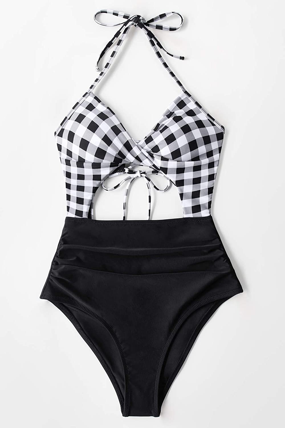 CUPSHE Women's Black Floral Print Halter Cutout High Waist One Piece Swimsuit