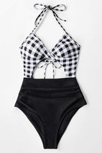
                        
                          Load image into Gallery viewer, CUPSHE Women's Black Floral Print Halter Cutout High Waist One Piece Swimsuit
                        
                      