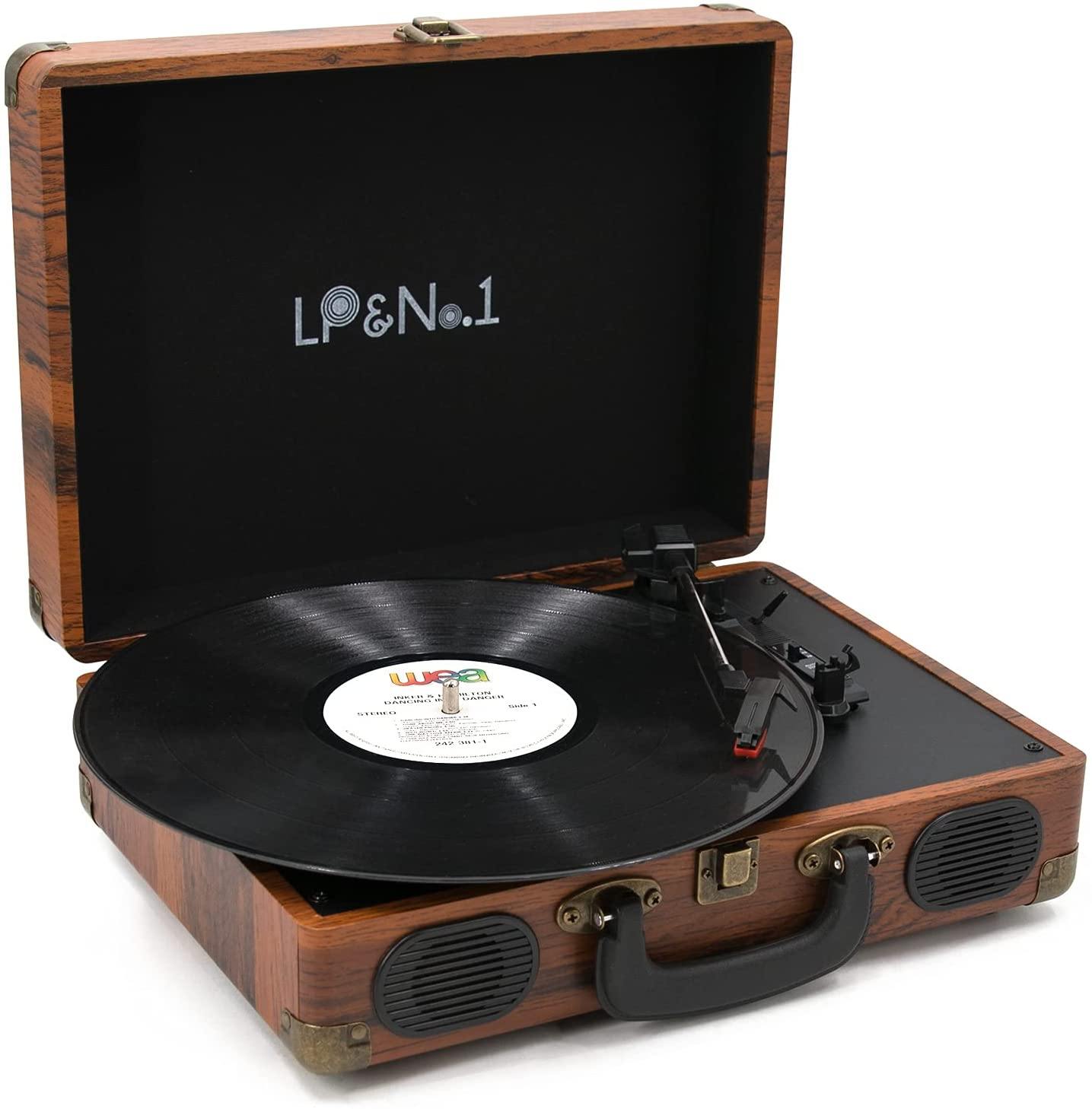 LP&No.1 Portable Suitcase Turntable with Stereo Speaker,3 Speeds Belt-Drive Vinyl Record Player Black - JOY2ESpree