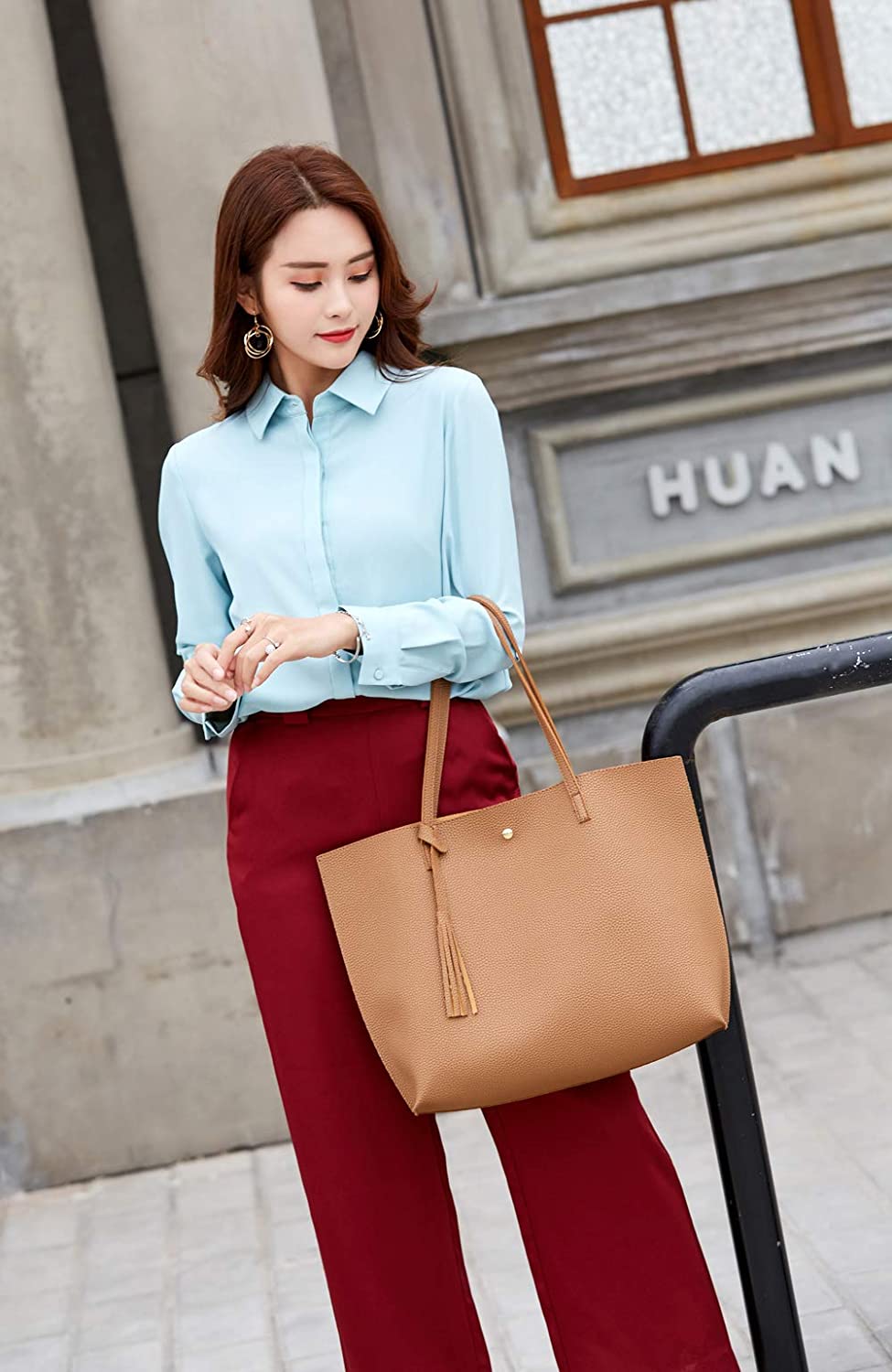 Women's Soft Faux Leather Tote Shoulder Bag from Dreubea, Big Capacity Tassel Handbag