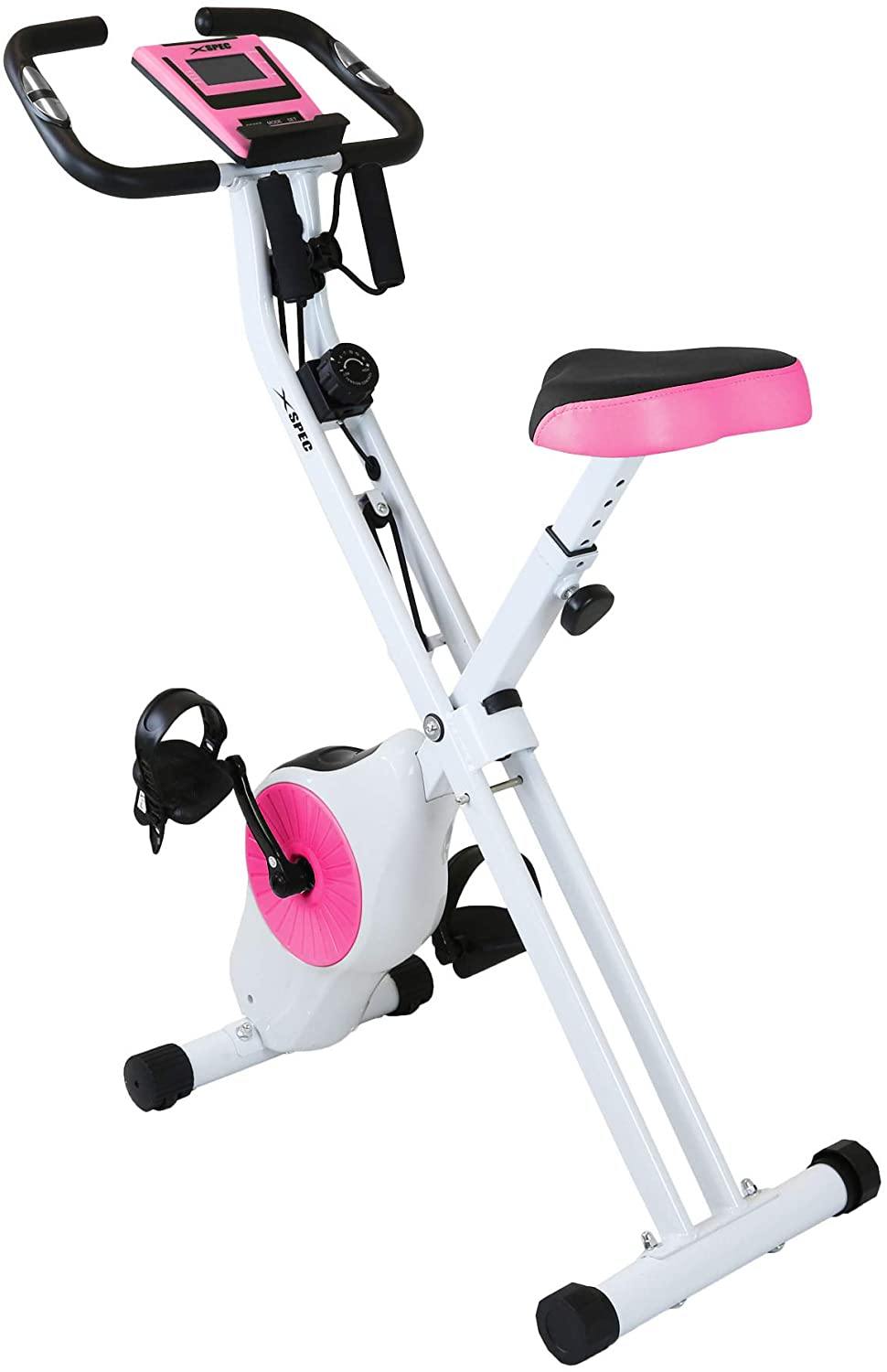 Xspec Indoor Foldable Stationary Upright Exercise Cardio Workout Cycling Bike with 16-Level Resistance, Magenta/Lime - JOY2ESpree
