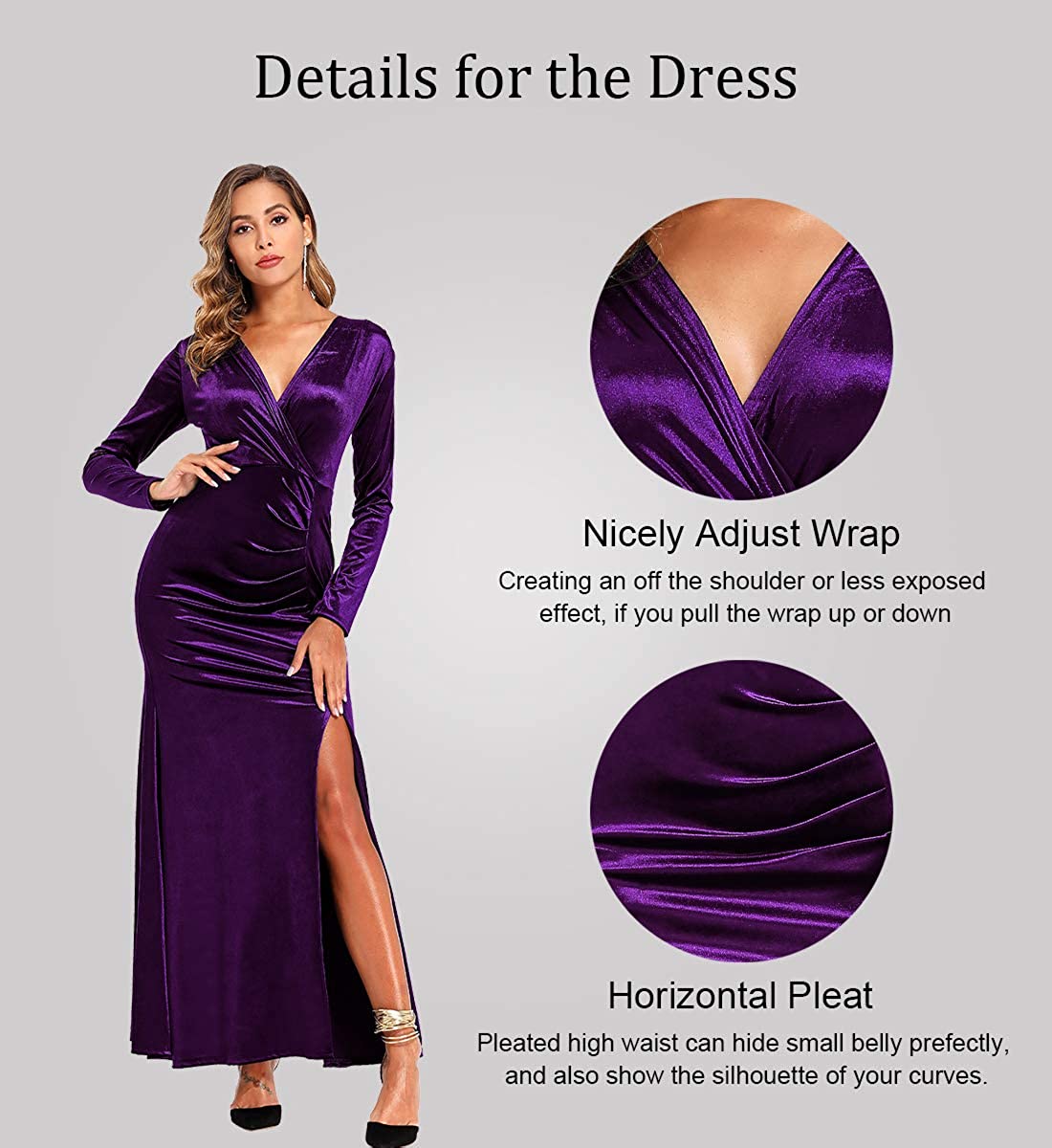 Ababalaya Long Sleeve Wrap Velvet Long Formal Dresses Cocktail Dress
