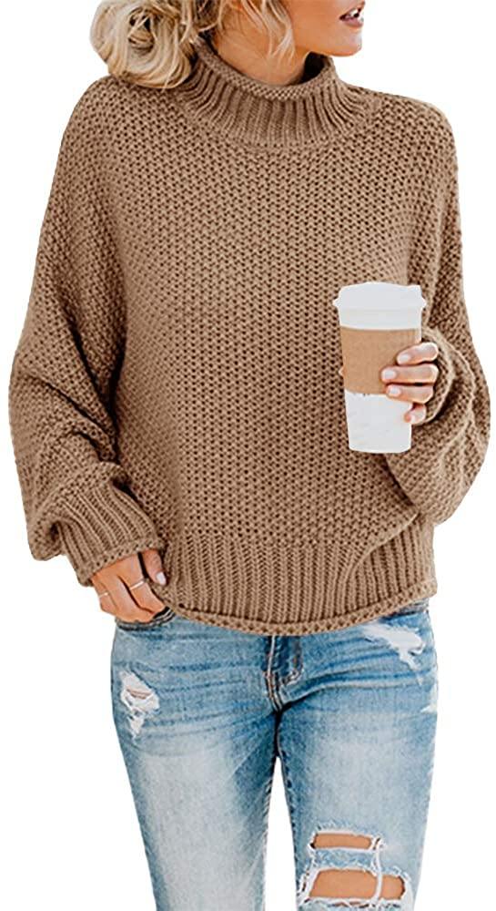 Saodimallsu Womens Turtleneck Oversized Sweaters Batwing Long Sleeve Pullover Loose Chunky Knit Jumper - JOY2ESpree