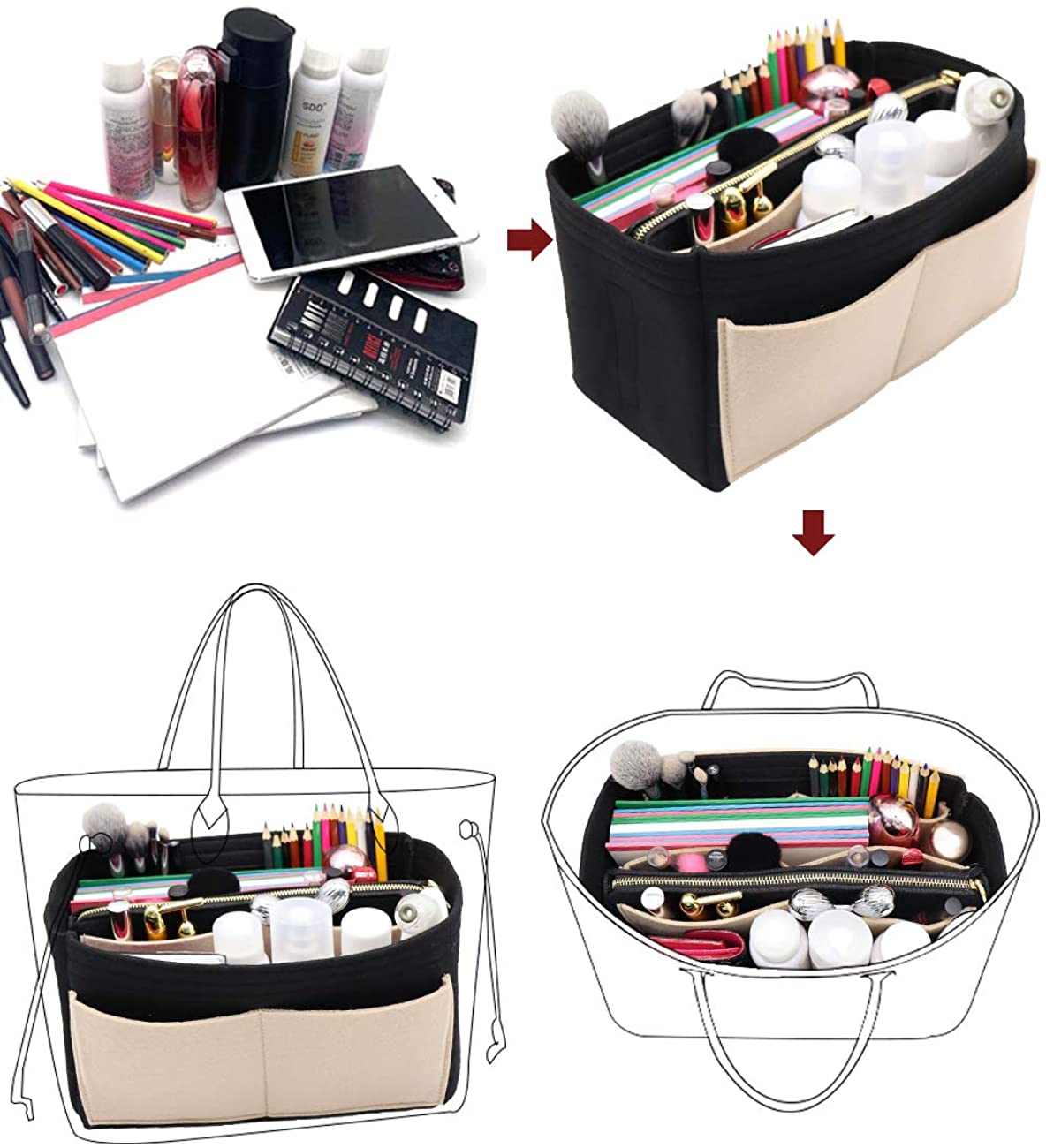 Felt Purse Bag Organizer Insert with zipper Bag Tote Shaper Fit Speedy Neverfull MM GM