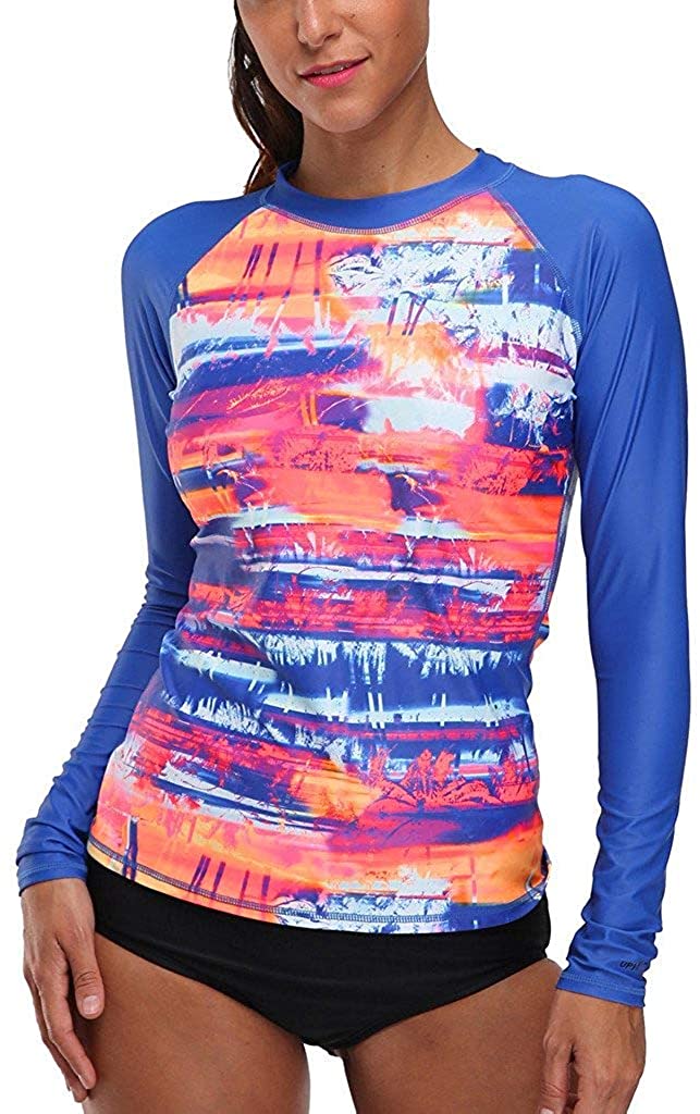 CharmLeaks Women's Long Sleeve Rashguard UPF 50 Sun Protection Swimsuit Top Striped Swim Shirts