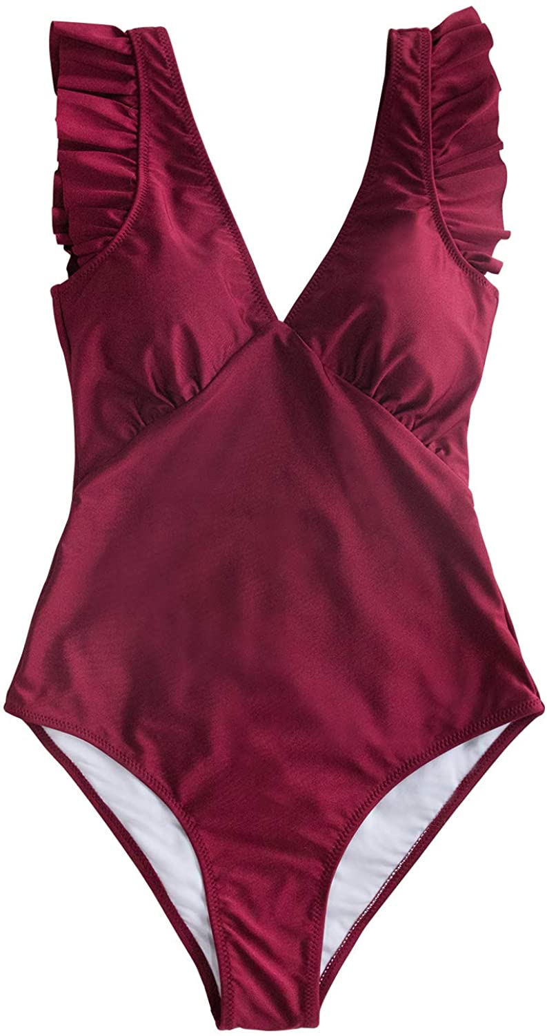 CUPSHE Women's One Piece Swimsuit V Neck Ruched Ruffle Shoulder Swimwear Bathing Suits