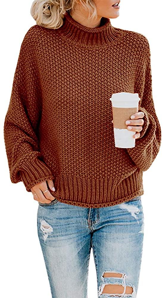 Saodimallsu Womens Turtleneck Oversized Sweaters Batwing Long Sleeve Pullover Loose Chunky Knit Jumper - JOY2ESpree