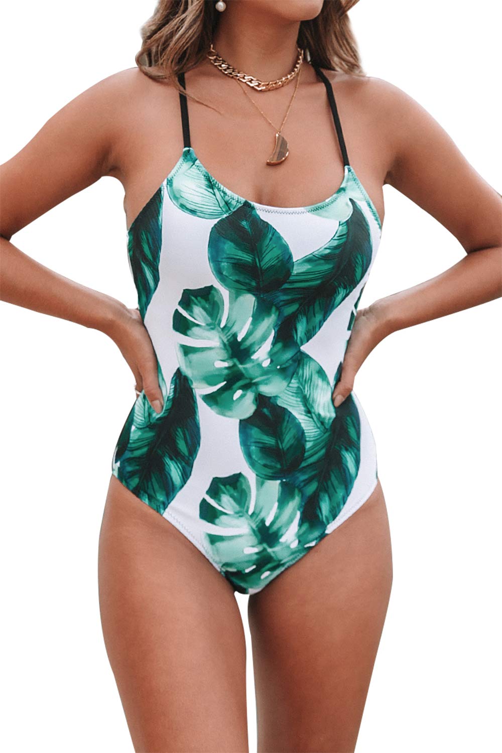 CUPSHE Women's Tropical Leaf Print Lined Lace Up Back Padded One Piece Swimsuit
